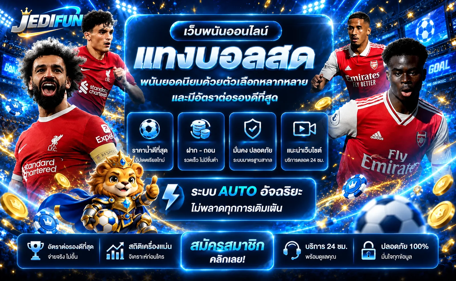 ภาพ JEDIFUN แทงบอลและผลบอลสดพร้อมมาสคอตสิงโต